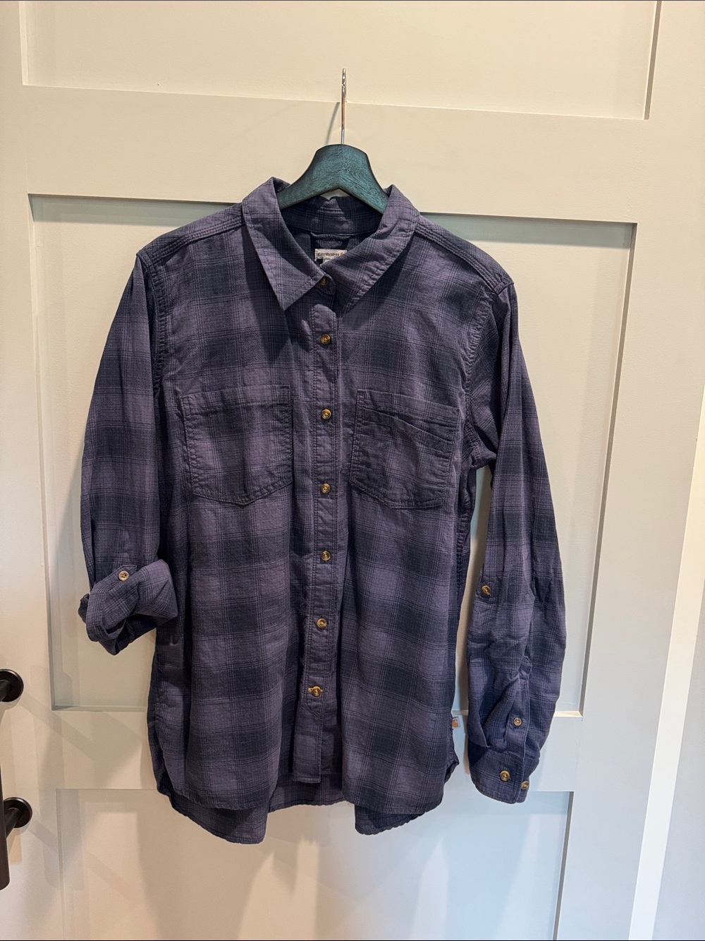 Carthartt Womens Button-Down Plaid Shirt in Dark Blue